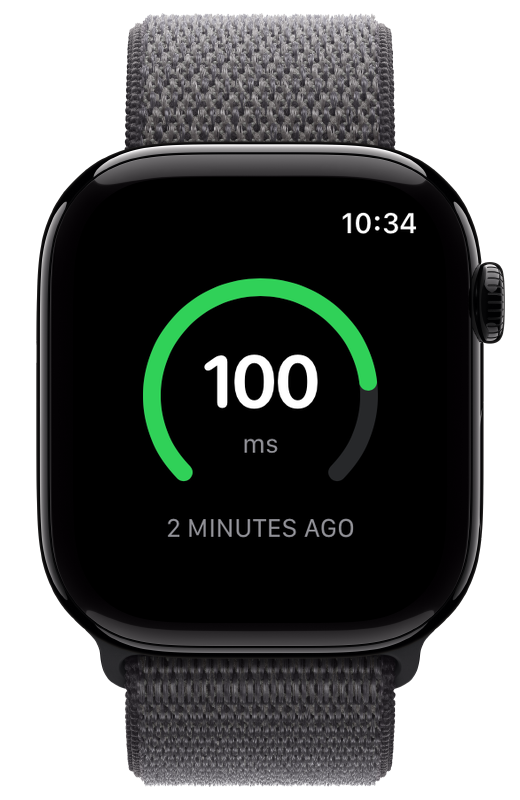 Simple Stress Watch showing an HRV reading of 100 ms in a green recovery zone on Apple Watch