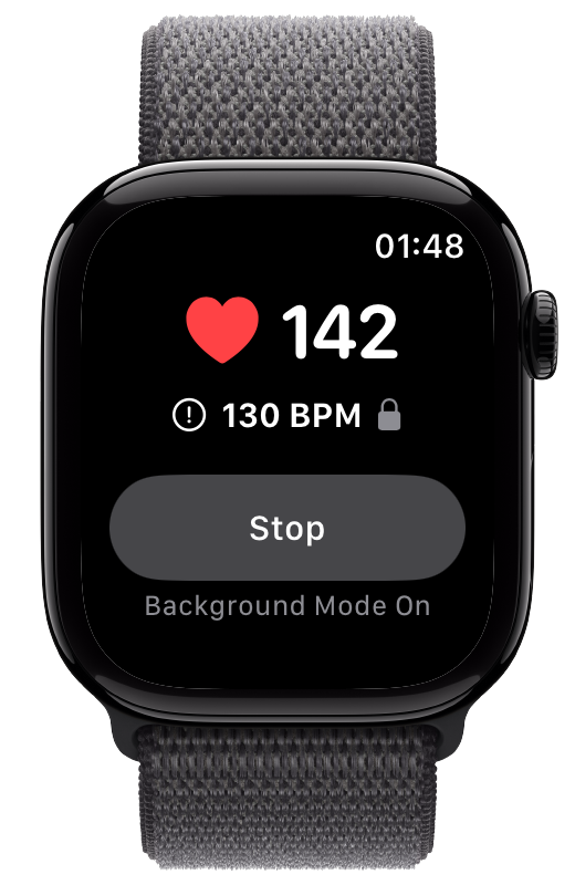 Beat Watcher running on Apple Watch showing 142 BPM with threshold set to 130, Background Mode On
